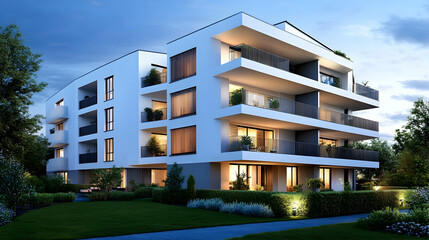 Fototapeta premium Modern apartment building at dusk, landscaped grounds, suburban setting; real estate advertisement