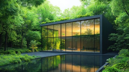 Modern glass house sunset forest pool reflection