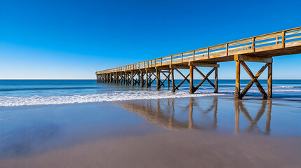 Fototapeta premium Ocean pier, sunny beach, waves, clear sky, coastal tourism