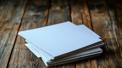 Fototapeta premium Stack of blank white papers on rustic wooden table.
