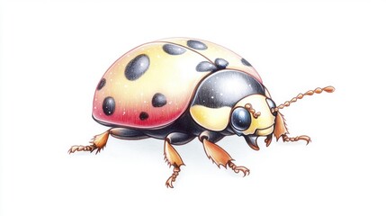 Fototapeta premium Detailed Ladybug Illustration Red Yellow Shell Black Spots White Background