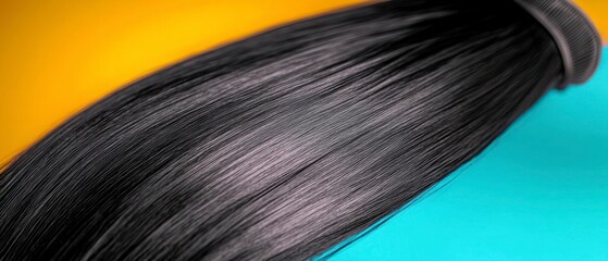Fototapeta premium Sleek Straight Black Hair Blue Tones Beauty Salon Texture Glossy Shine Style Fashi