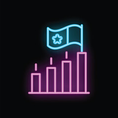 Neon sign depicting a flag waving over a growing business chart, symbolizing success and achievement