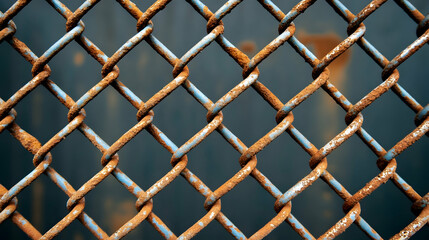 Rusty chain link fence texture, close-up; blurred industrial background; suitable for construction, security themes