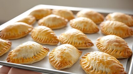 Tray of empanadas argentinas typical food from Argentina and Uruguay ready to eat on a tray held by hand Concept of eating typical South American food Pastry