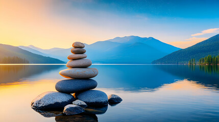Serene sunrise over mountain lake with balanced stones; peaceful meditation scene