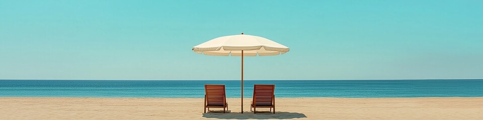 Obraz premium Wide-angle view of two wooden lounge chairs under a white beach umbrella, facing a tranquil ocean. Soft golden sand and pastel sky create a relaxing atmosphere.