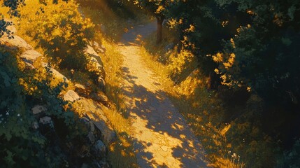 Serene sunlit pathway through lush greenery, inviting exploration in a tranquil natural setting