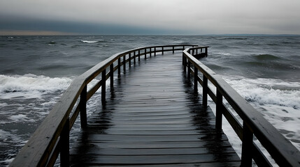 Obraz premium Stormy sea, wooden pier, coastal waves, dramatic sky; use weather, travel, loneliness