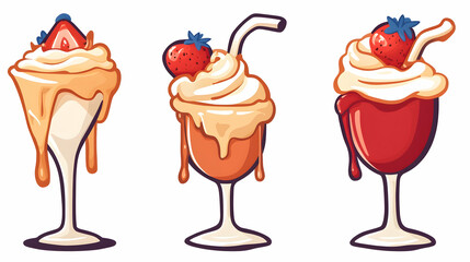 Three strawberry dessert drinks, whipped cream, caramel, and red sauce;  isolated white background; for food blogs or menus