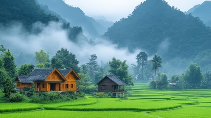 Obraz premium Misty mountain valley houses, rice paddies, tourism