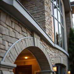 Fototapeta premium Elegant Stone Archway Entrance of a Luxurious House. Captivating Architectural Design and Exterior Detail. Stunning Home Facade and Masonry Work
