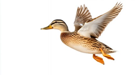 Obraz premium Brown Female Duck in Flight Against White Background