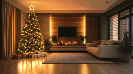 Evening Christmas living room, glowing tree, presents, city view