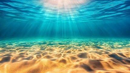 Underwater sunbeams illuminate ocean floor sand. Perfect for travel brochures