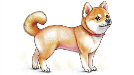 Light Brown Shiba Inu Dog Illustration with Red Collar on White Background