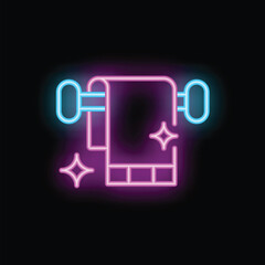 Neon towel hanging on wall rack with shining stars, concept of bathroom hygiene
