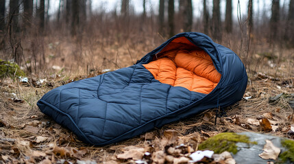 Winter camping sleeping bag on forest ground