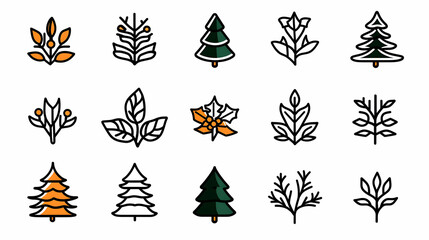 Winter holiday icons; stylized plants & trees; graphic design elements; website or app design