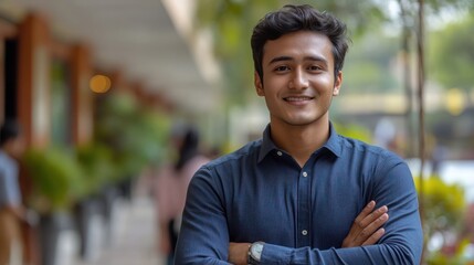 Smiling young man, city street portrait, confident pose, blurred background, professional headshot