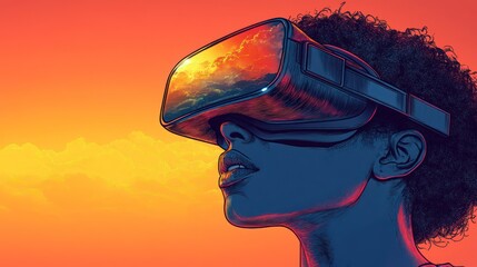 VR experience, woman, sunset, futuristic vision