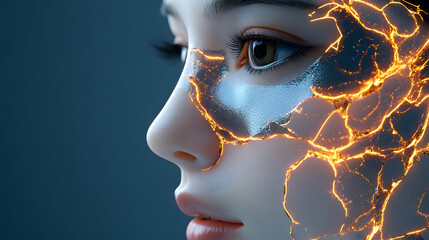 Woman's face, futuristic skin, glowing veins, dark background, science fiction concept art