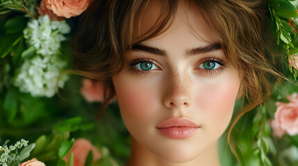 Naklejka premium Woman with flowers, beauty portrait, spring, natural makeup, green background, for cosmetics ads