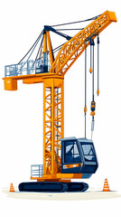 Yellow construction crane on site, lifting equipment, against white background, for industry publications