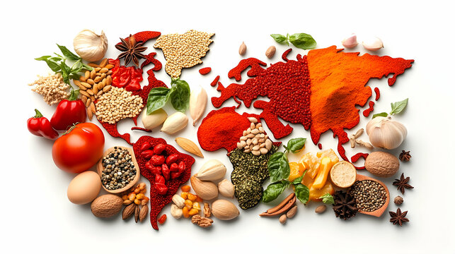 World spices map culinary ingredients, global flavors, food diversity, white background, recipe inspiration