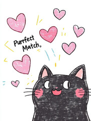 Fototapeta premium Cute black cat with heart whiskers playing with spooky hearts, 