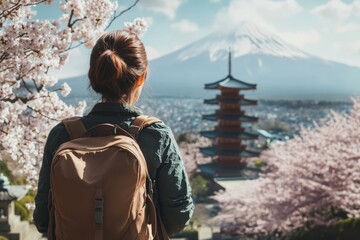 Fototapeta premium Young woman traveler with a backpack looking at a beautiful cherry blossom tree and the Chureito pagoda temple in the background of Mount Fuji, Japan.