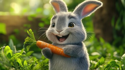 Happy Bunny with Carrot: An adorable, cartoon-style gray bunny rabbit holds a juicy orange carrot, radiating pure joy against a backdrop of lush green foliage.