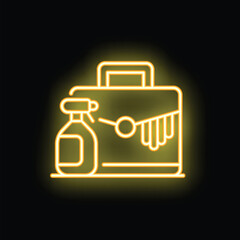 Neon sign of cleaning supplies, a spray bottle and a bucket, glowing yellow on a black background