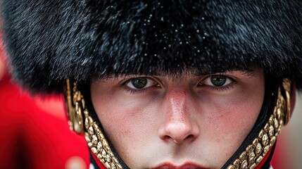 Close-up of a guardsman's face with bearskin hat.
