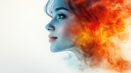 Woman's profile, fire & smoke portrait, studio, abstract background