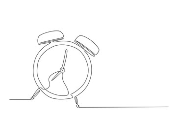 Alarm clock in continuous one line drawing. Single line art draw of vintage alarm clock. Editable vector.