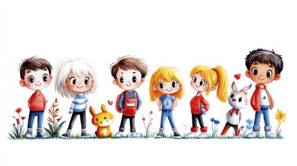 Fototapeta premium Cute Cartoon Children and Pets in a Whimsical Illustration