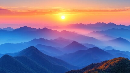 Obraz premium Sunset over layered mountains, hazy vista, serenity