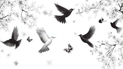 Fototapeta premium Birds in Flight with Cherry Blossoms.
