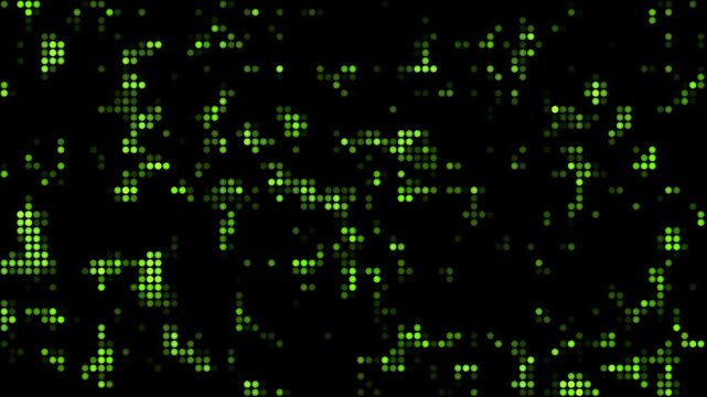 A futuristic green digital motion background featuring glowing pixel dots on a dark backdrop. Perfect for technology-themed videos, AI and data visualizations, sci-fi intros, cybersecurity concepts.