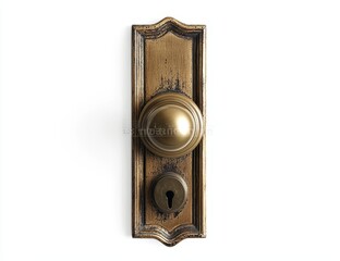 Antique brass door knob and keyhole on a rectangular plate.
