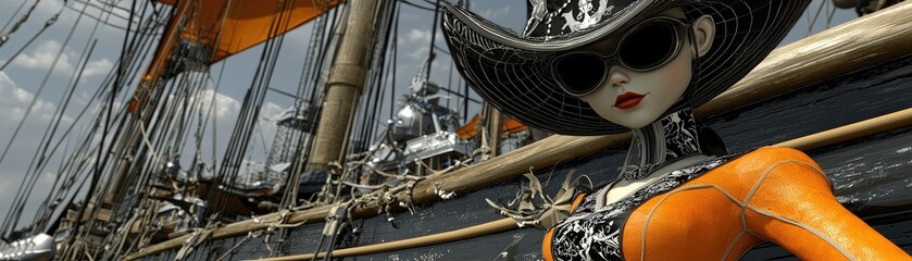 Obraz premium Fashionable doll near tall ship, cloudy sky. Stock image