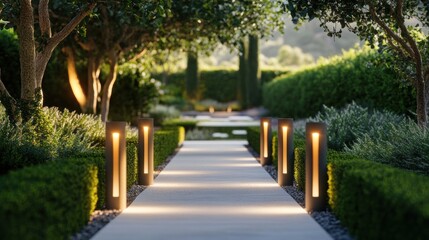 Obraz premium Illuminated pathway in a lush garden at dusk.