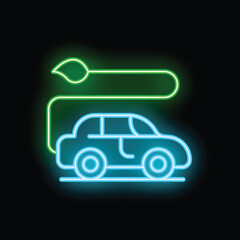 Neon sign of electric car charging with green leaf symbol glowing on black background