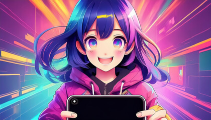 スマホ・スマートフォンの画面をこちらに向けて笑うアニメ風の女の子　テクノロジー,sns,コミュニケーション,ゲーム