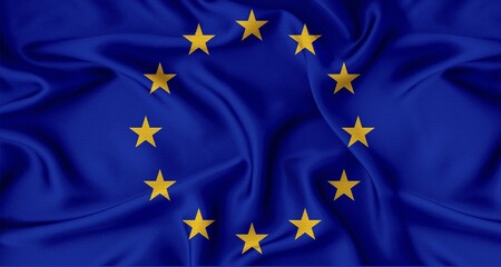 Close up of flag of the European Union with cloth texture. Realistic European Union flag waving