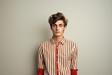 Obraz premium Fashionable young man in studio portrait wearing stylish striped shirt and red undershirt, exuding confidence with trendy look