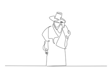Man wearing hanbok with hat or heuklip in continuous one line drawing. Single line art draw of Korean Man wearing traditional cloth . Editable vector.
