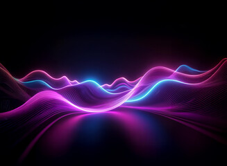 Fototapeta premium Abstract digital art depicting glowing neon waves in vibrant pink and blue hues across a dark background, creating a dynamic and futuristic landscape. The smooth curves and reflections suggest a sens