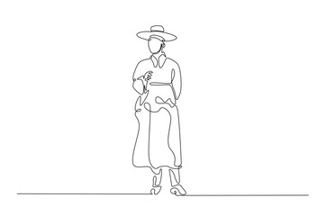 Man wearing hanbok with hat or heuklip in continuous one line drawing. Single line art draw of Korean Man wearing traditional cloth . Editable vector.